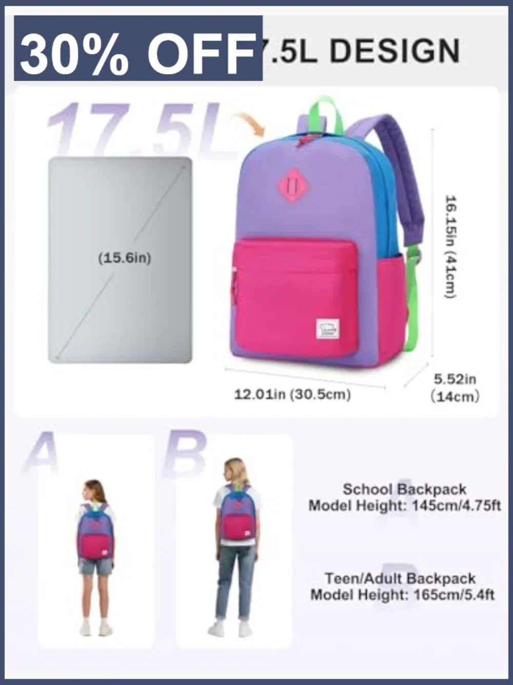 Water Resistant Backpack for School, Lightweight Bookbag with Side Pockets